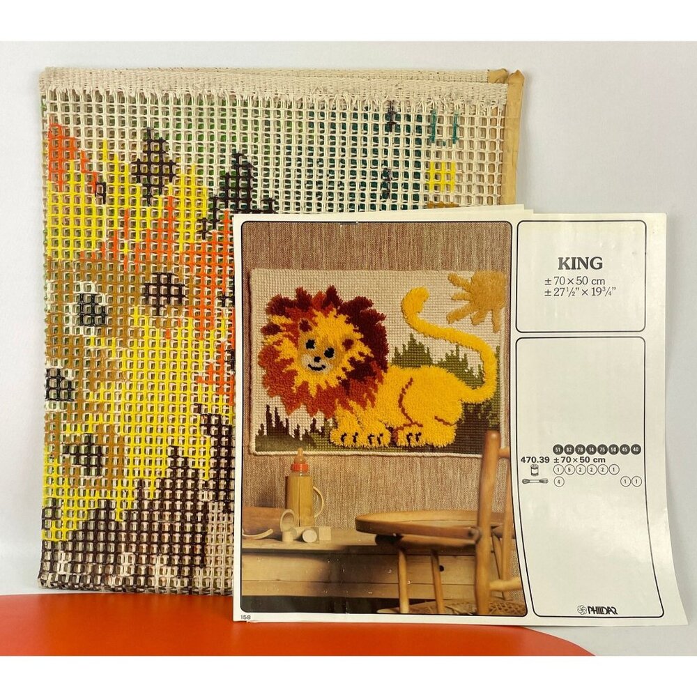 Vintage 70s latch hook canvas, Phildar Canada #47039, "King" Lion pattern